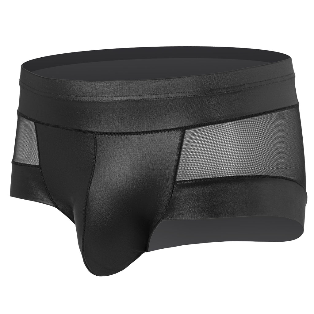 Men's sexy patent leather transparent mesh four corner underwear