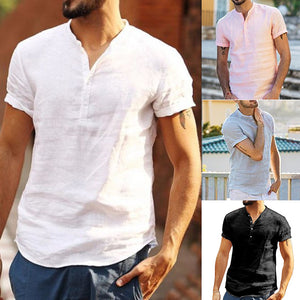 2021 Stand Collar Cotton Linen Short Sleeve Shirt - Amamble