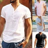 2021 Stand Collar Cotton Linen Short Sleeve Shirt - Amamble