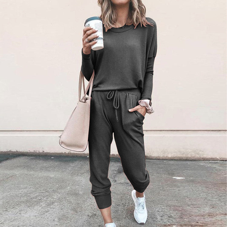 Ladies solid color two-piece  (top and pants) - Amamble