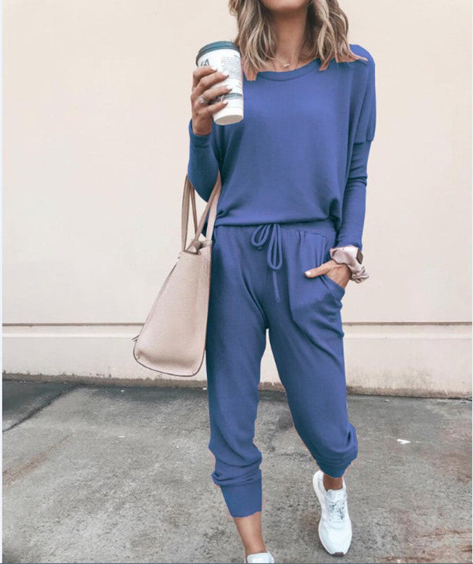 Ladies solid color two-piece  (top and pants) - Amamble