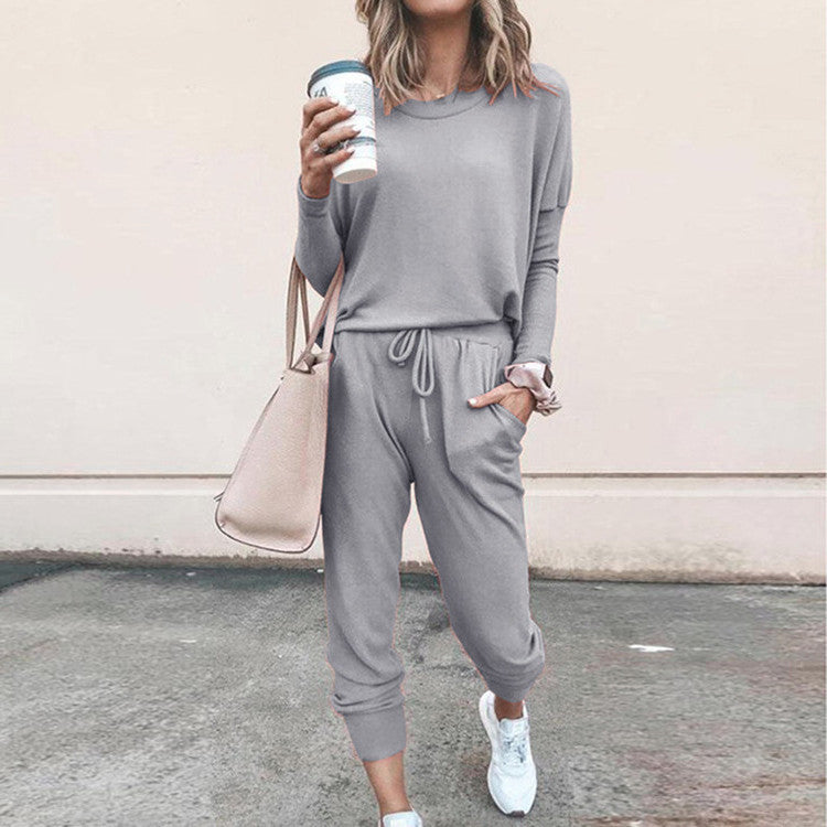 Ladies solid color two-piece  (top and pants) - Amamble