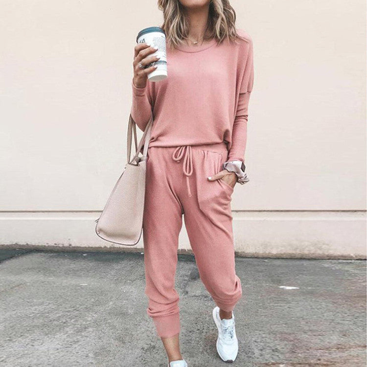 Ladies solid color two-piece  (top and pants) - Amamble
