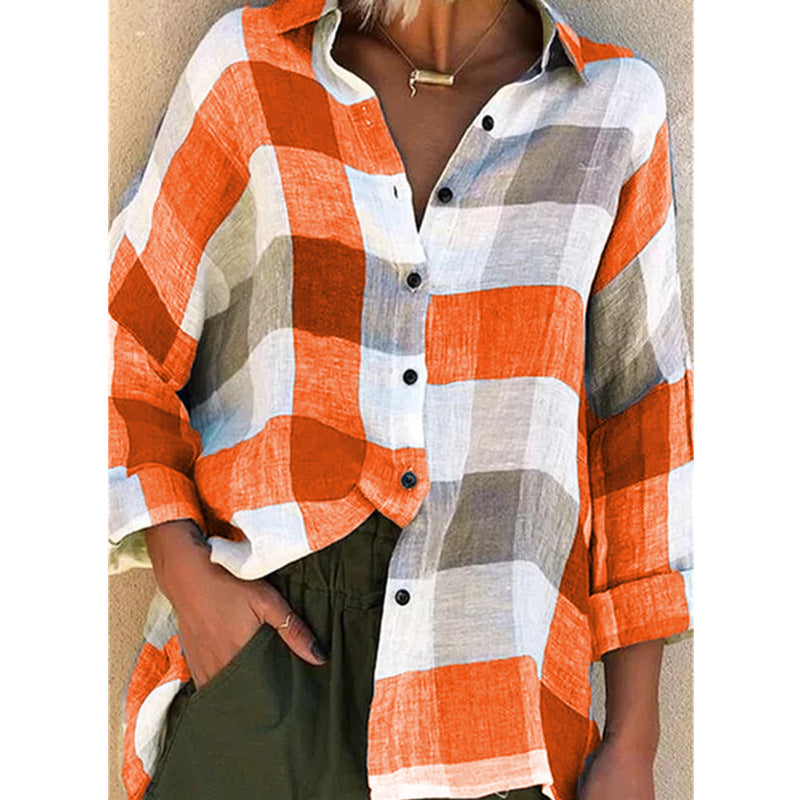 Printed long sleeve loose check shirt - Amamble