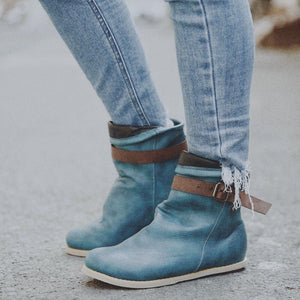 Women Retro Buckle Belt Plus Size Short Flat Boots - Amamble