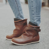 Women Retro Buckle Belt Plus Size Short Flat Boots - Amamble