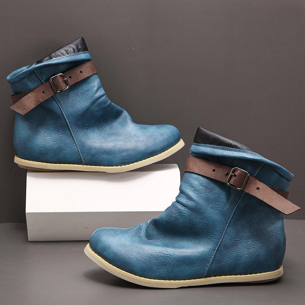 Women Retro Buckle Belt Plus Size Short Flat Boots - Amamble