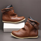 Women Retro Buckle Belt Plus Size Short Flat Boots - Amamble