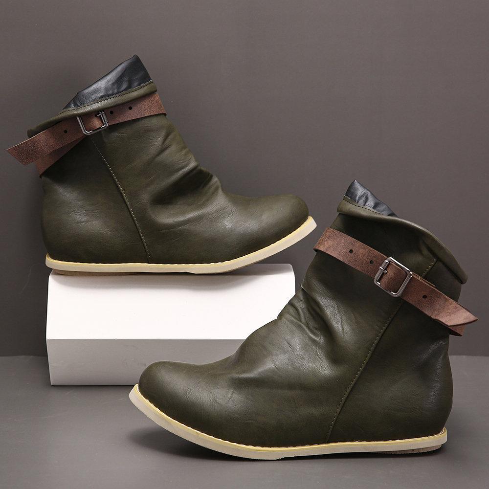 Women Retro Buckle Belt Plus Size Short Flat Boots - Amamble