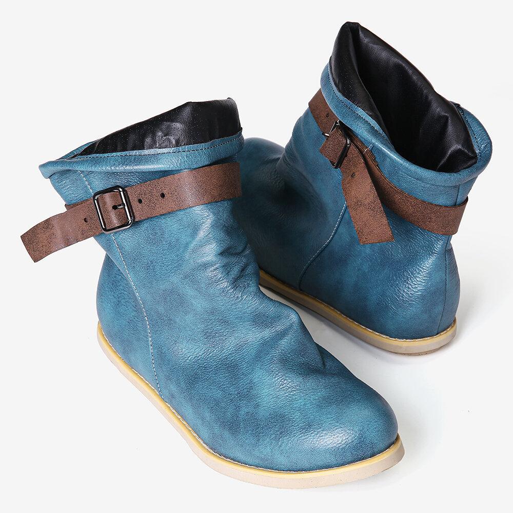 Women Retro Buckle Belt Plus Size Short Flat Boots - Amamble