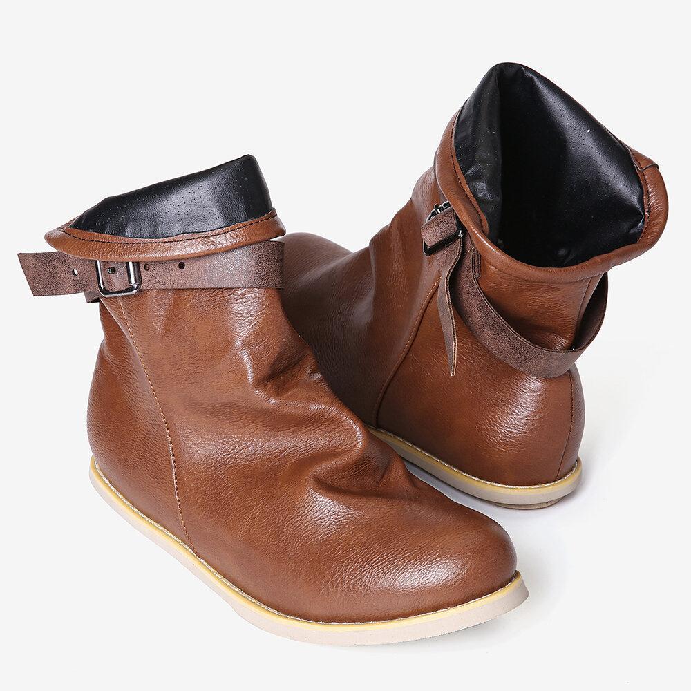 Women Retro Buckle Belt Plus Size Short Flat Boots - Amamble