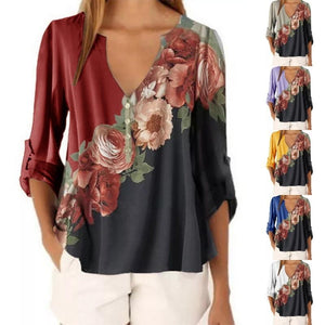 V-neck floral print shirt top - Amamble