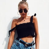 Women Bow Tie Strap Ruched tank Top - Amamble