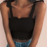 Women Bow Tie Strap Ruched tank Top - Amamble