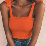 Women Bow Tie Strap Ruched tank Top - Amamble