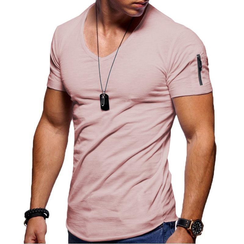 V-neck solid color zipper men's sports T-shirt - Amamble