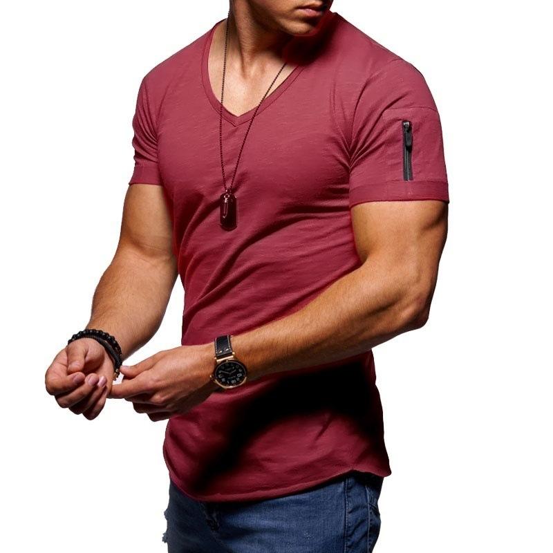 V-neck solid color zipper men's sports T-shirt - Amamble
