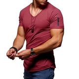 V-neck solid color zipper men's sports T-shirt - Amamble