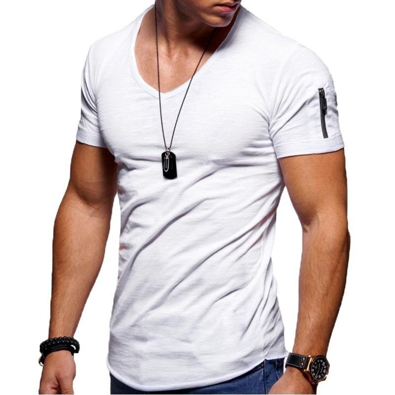 V-neck solid color zipper men's sports T-shirt - Amamble