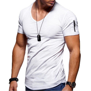 V-neck solid color zipper men's sports T-shirt - Amamble