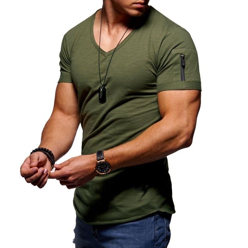 V-neck solid color zipper men's sports T-shirt - Amamble