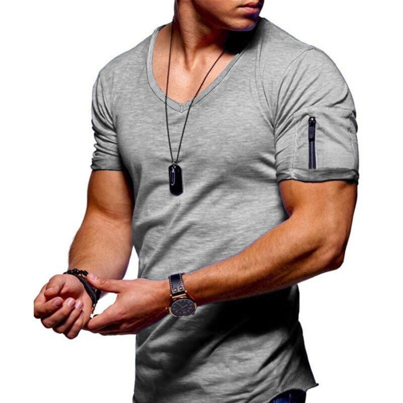 V-neck solid color zipper men's sports T-shirt - Amamble