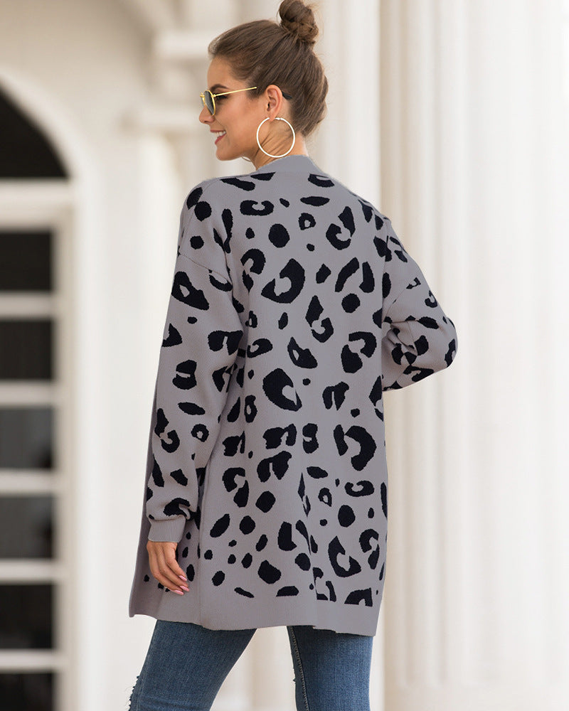 Leopard print button knit sweater cardigan jacket - Amamble