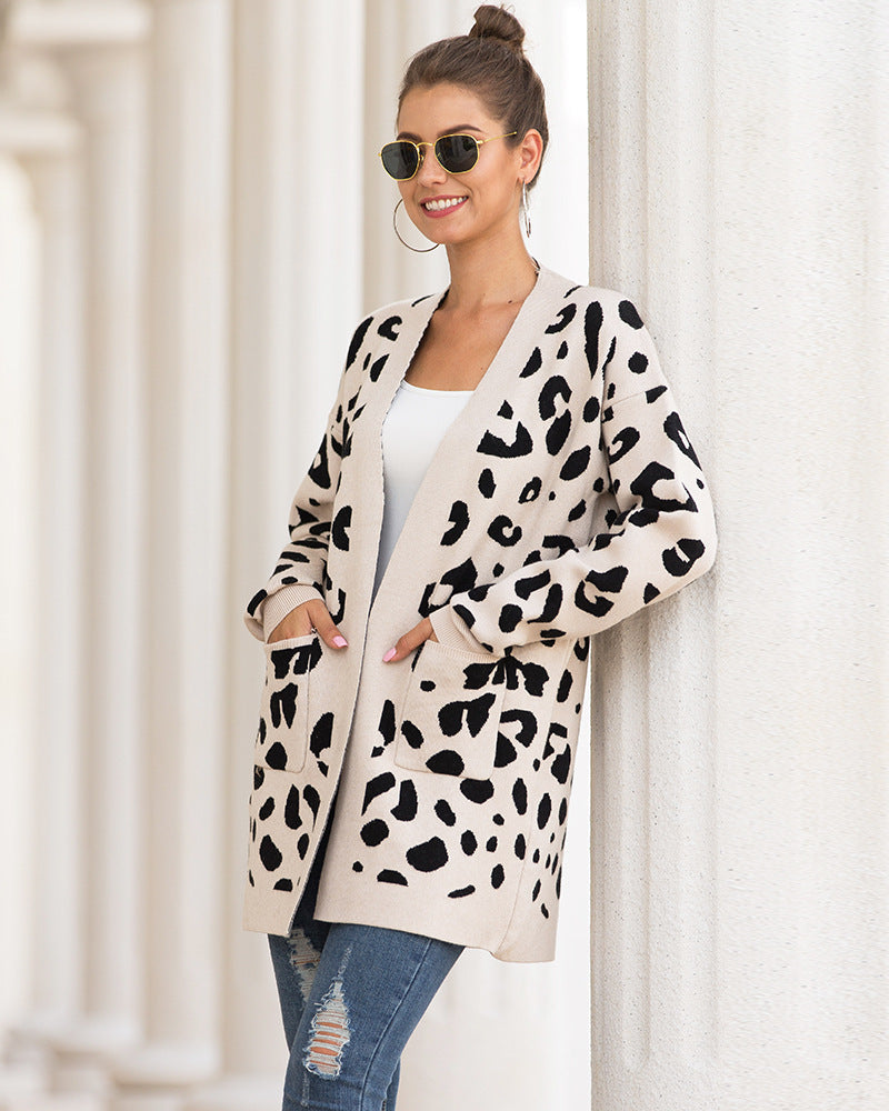 Leopard print button knit sweater cardigan jacket - Amamble
