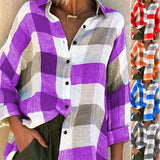 Printed long sleeve loose check shirt - Amamble