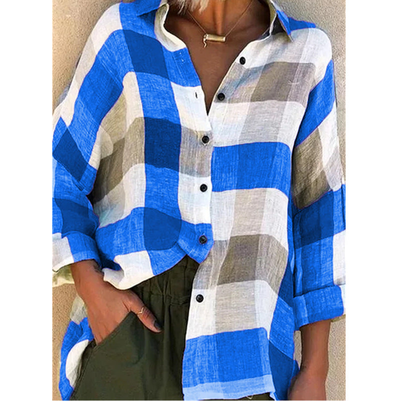 Printed long sleeve loose check shirt - Amamble