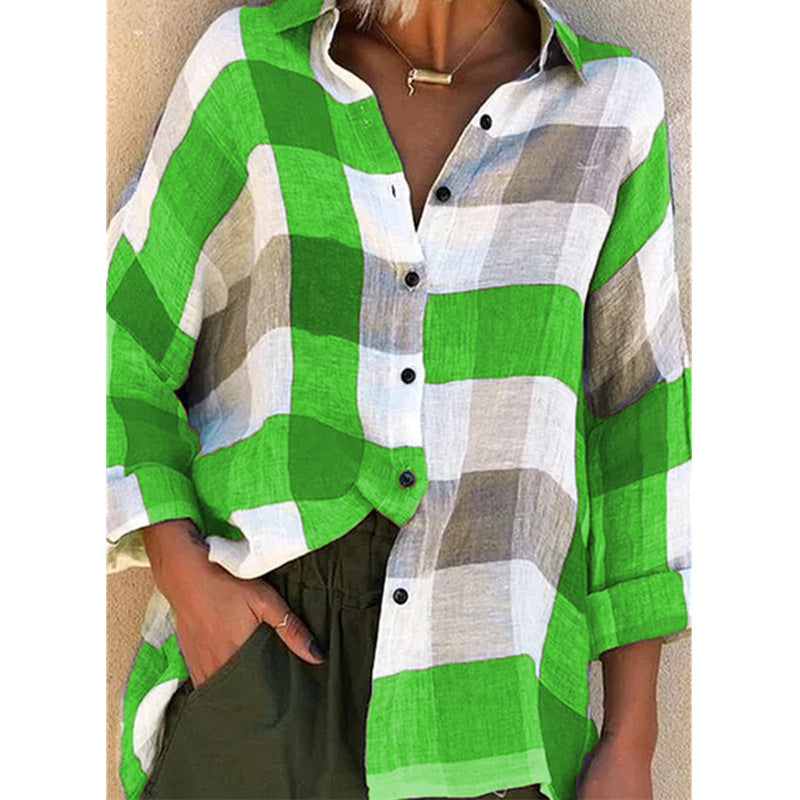 Printed long sleeve loose check shirt - Amamble
