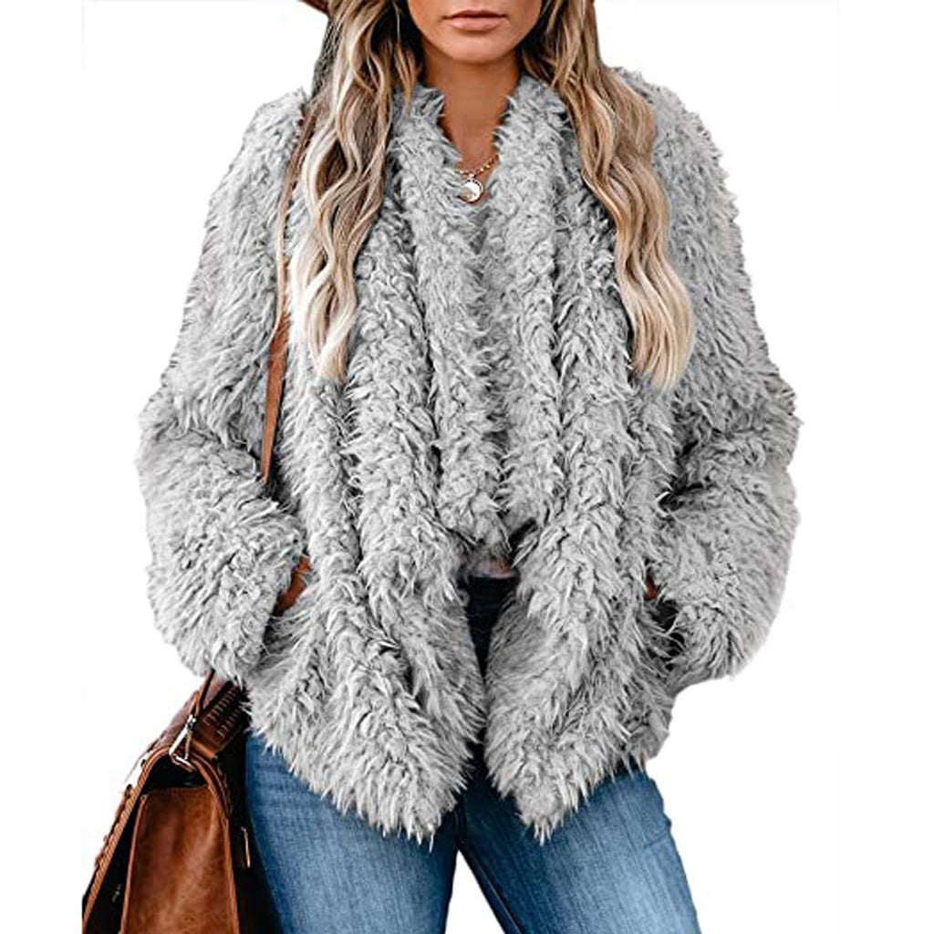 Plush solid color long sleeve coat - Amamble
