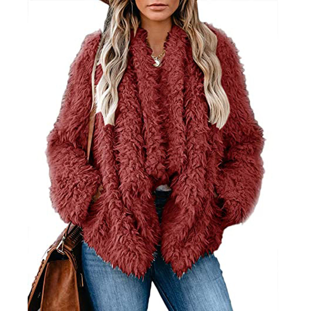 Plush solid color long sleeve coat - Amamble