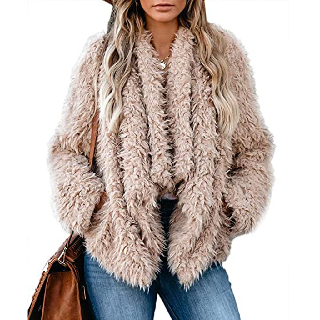 Plush solid color long sleeve coat - Amamble