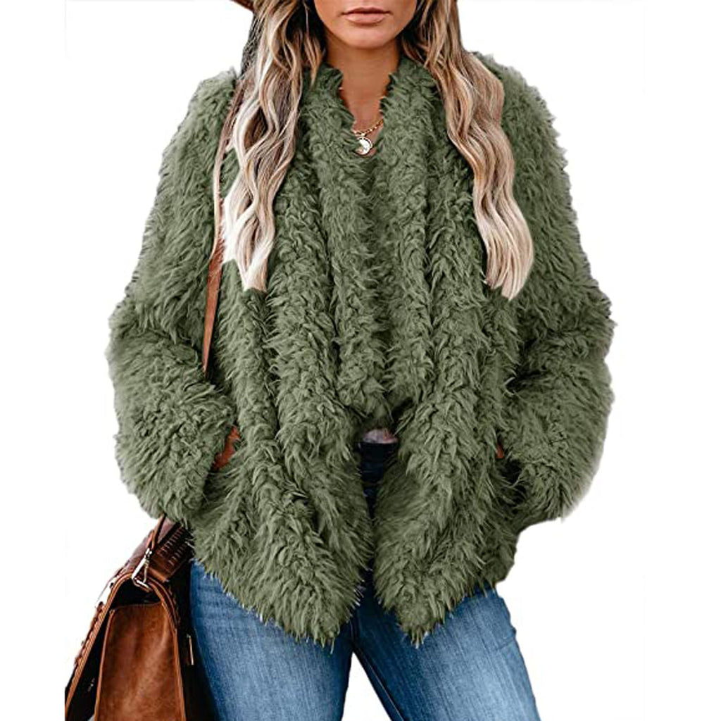 Plush solid color long sleeve coat - Amamble