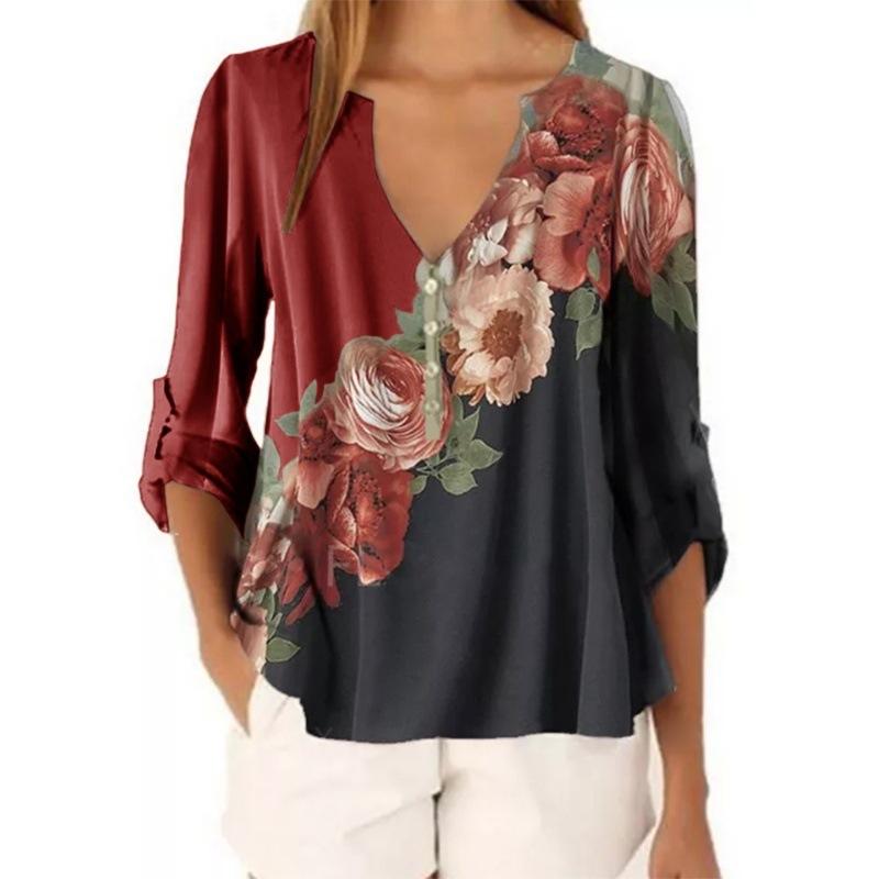 V-neck floral print shirt top - Amamble