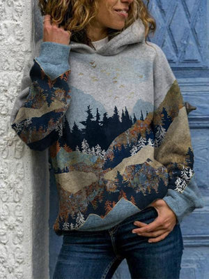 【49% OFF TODAY】Ladies Mountain Treetop Print Hooded Sweatshirt - Amamble