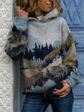 【49% OFF TODAY】Ladies Mountain Treetop Print Hooded Sweatshirt - Amamble