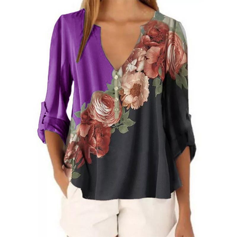 V-neck floral print shirt top - Amamble
