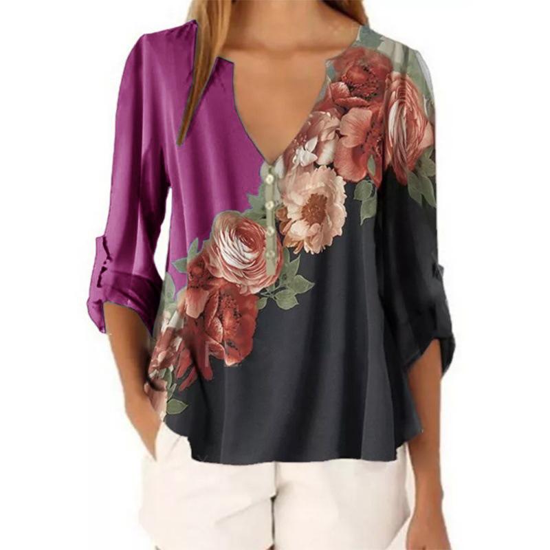 V-neck floral print shirt top - Amamble
