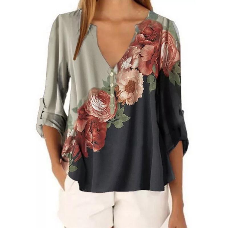 V-neck floral print shirt top - Amamble
