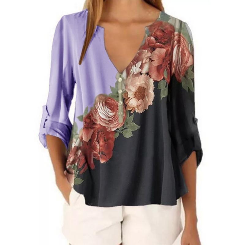 V-neck floral print shirt top - Amamble