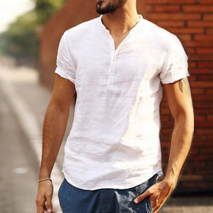 2021 Stand Collar Cotton Linen Short Sleeve Shirt - Amamble