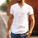 2021 Stand Collar Cotton Linen Short Sleeve Shirt - Amamble