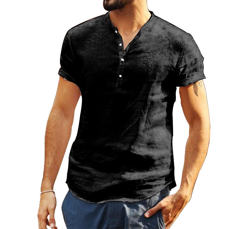 2021 Stand Collar Cotton Linen Short Sleeve Shirt - Amamble