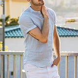 2021 Stand Collar Cotton Linen Short Sleeve Shirt - Amamble