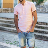 2021 Stand Collar Cotton Linen Short Sleeve Shirt - Amamble