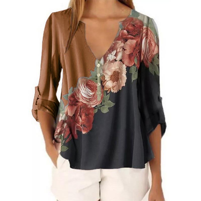 V-neck floral print shirt top - Amamble