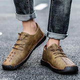 Men's Hand Stitching Non Slip Soft Sole Casual Leather Shoes - Amamble