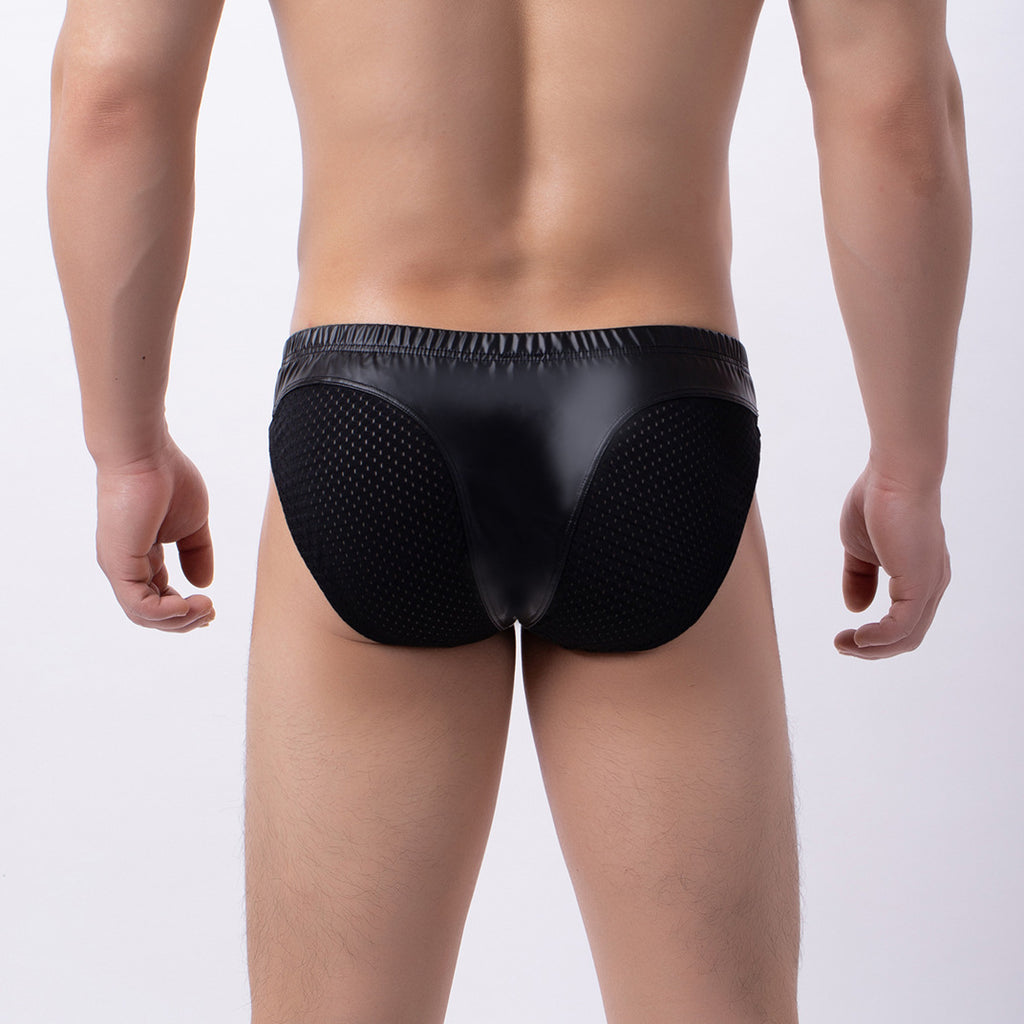 Men's sexy breathable faux leather side mesh low waisted triangular underwear